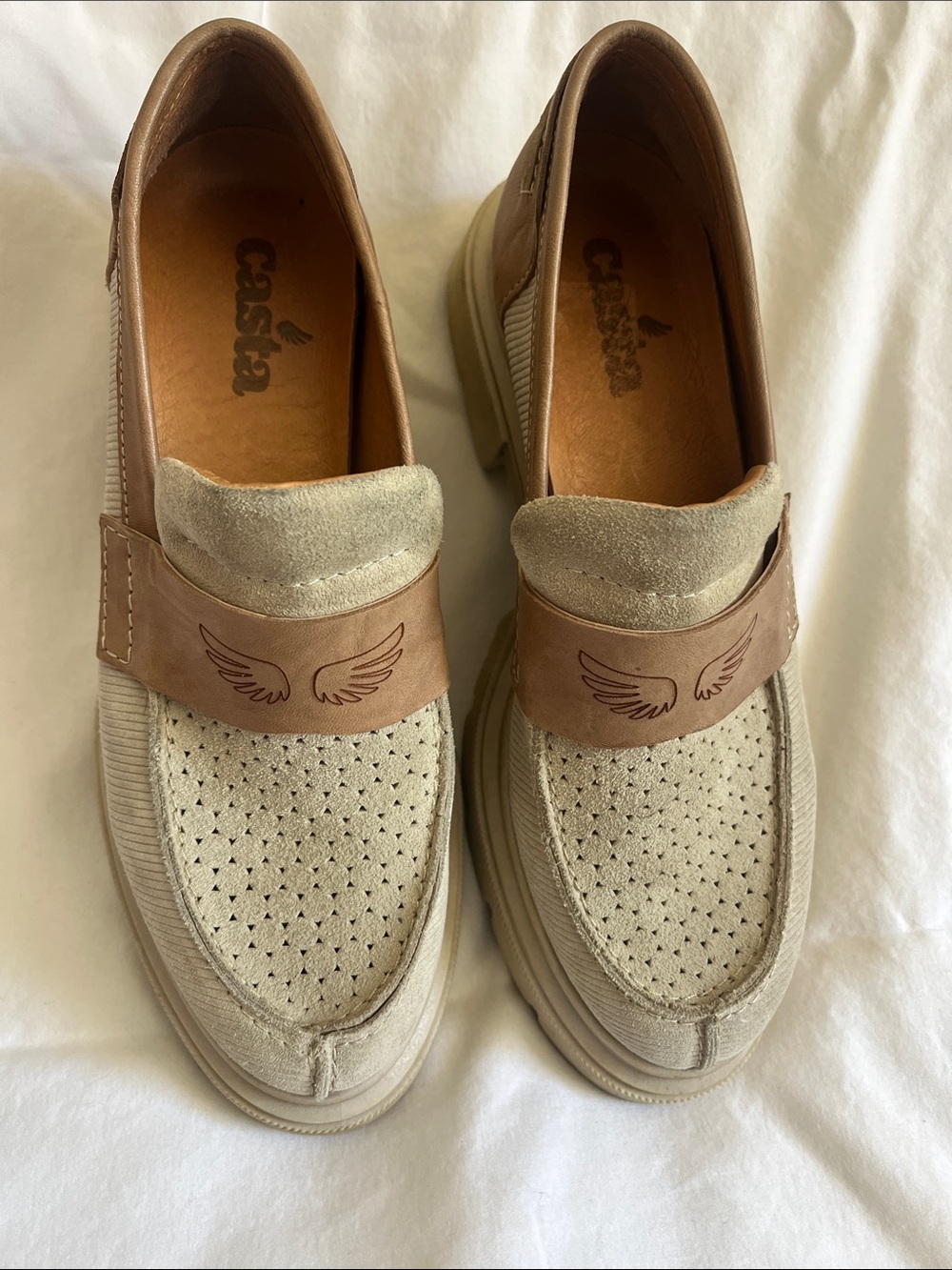 Casta Beige Suede Wing-Emblem Loafers